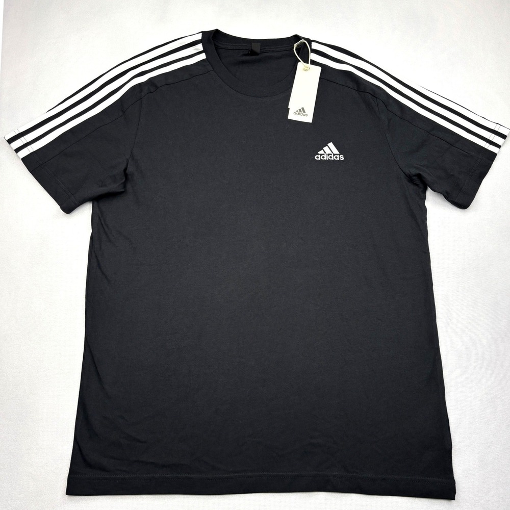 NWT adidas Shirt Mens Medium Black White Essentials 3 Stripes Cotton Jersey Tee